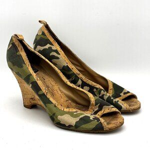 Wedge Platform Shoes Y2K 90s Not Rated Heels Camo Peep Toe Cork Womens Size 8.5